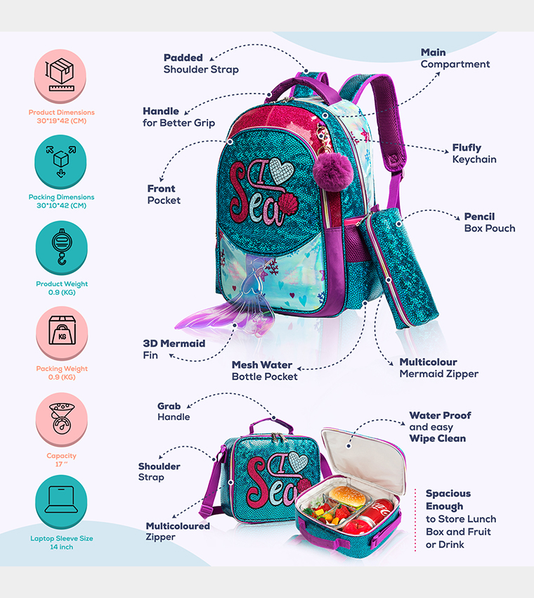 Mermaid Sea Printed Set of 3School Bag, Lunch Bag and Pencil Case, 17 Inch