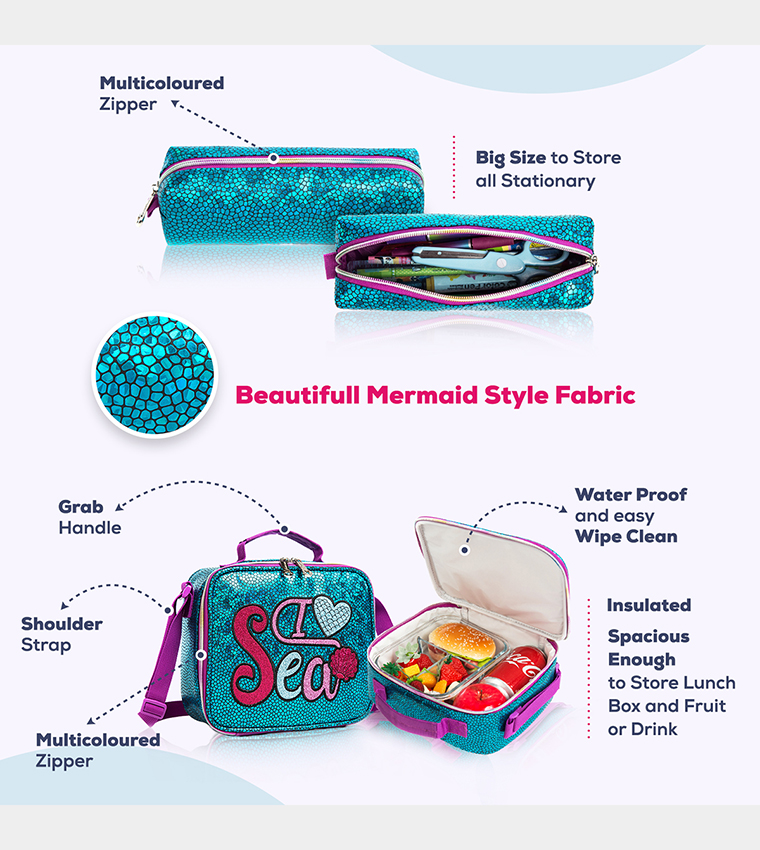 Mermaid Sea Printed Set of 3School Bag, Lunch Bag and Pencil Case, 17 Inch