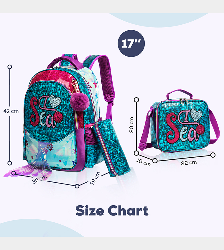 Mermaid Sea Printed Set of 3School Bag, Lunch Bag and Pencil Case, 17 Inch