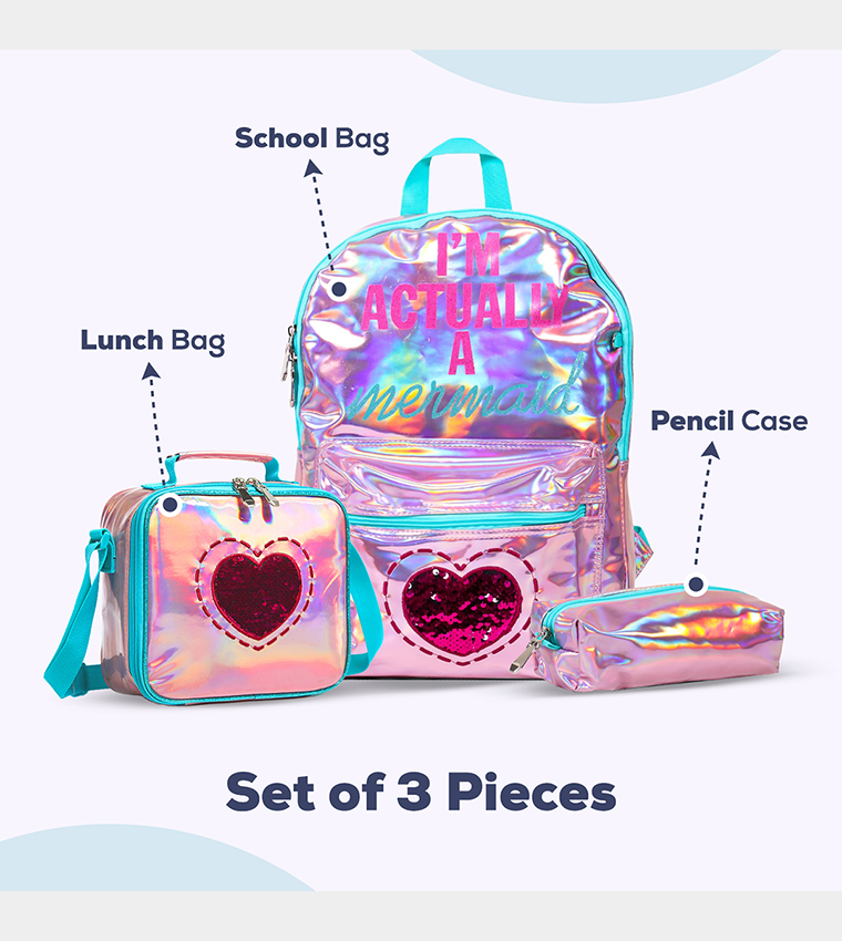 Mermaid Love Printed Set of 3School Bag, Lunch Bag and Pencil Case, 17 Inch