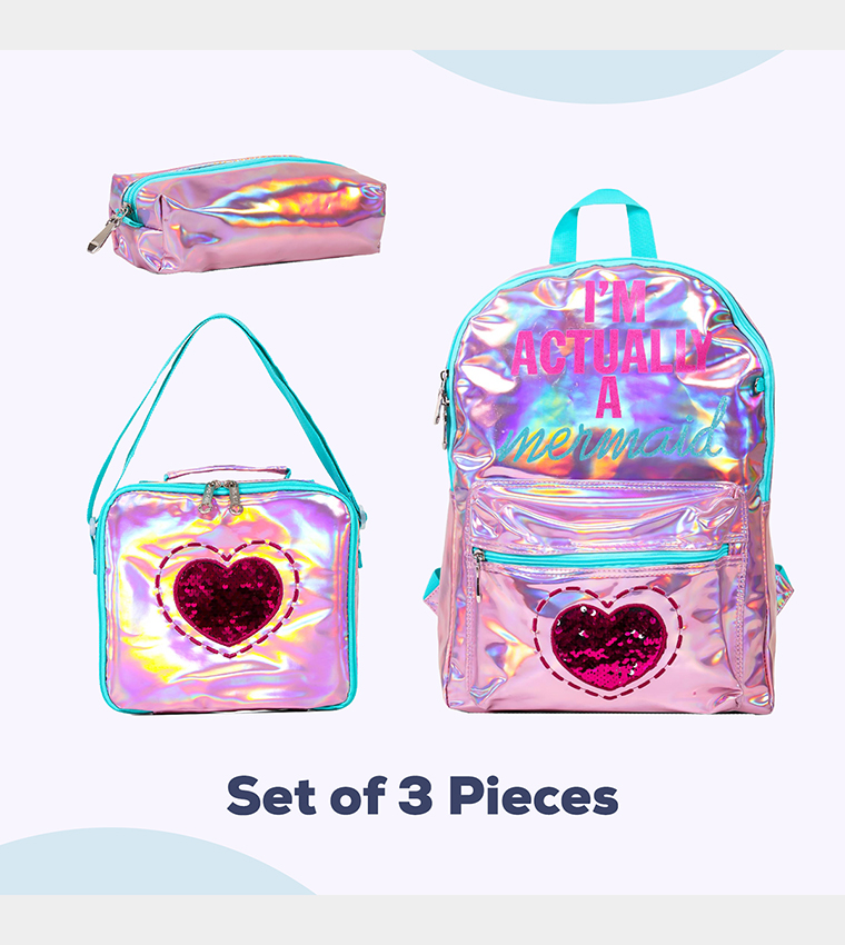 Mermaid Love Printed Set of 3School Bag, Lunch Bag and Pencil Case, 17 Inch