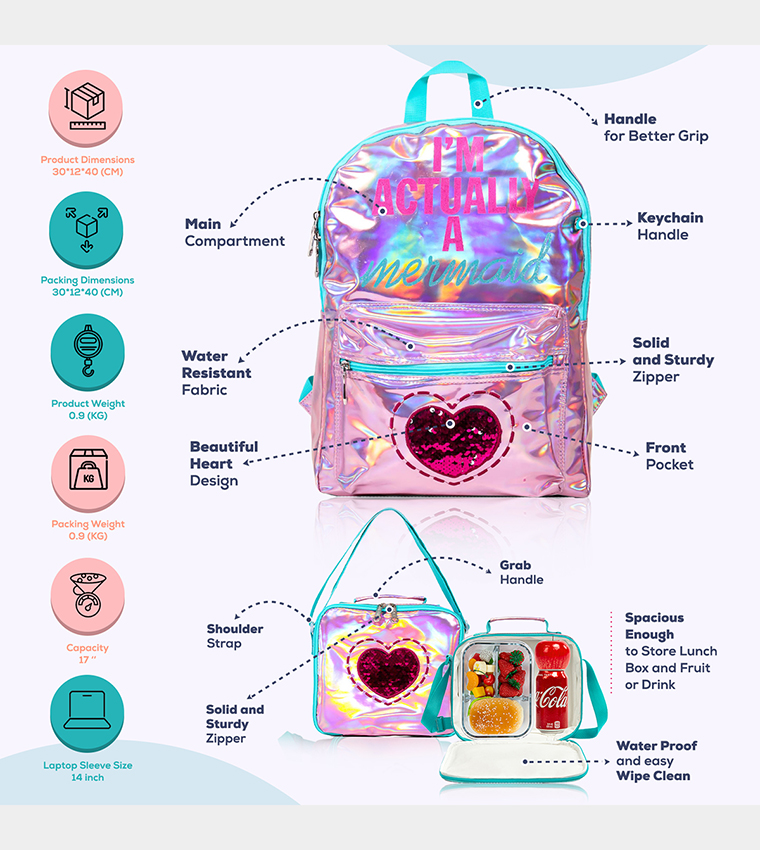 Mermaid Love Printed Set of 3School Bag, Lunch Bag and Pencil Case, 17 Inch