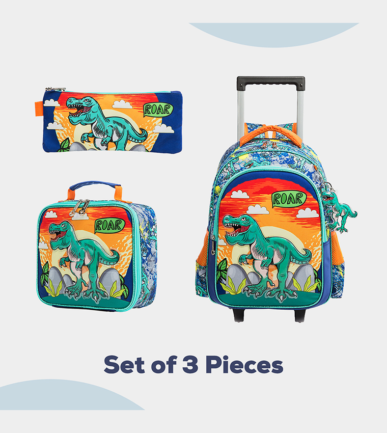 Eazy Kids - 17" Set of 3 Trolley School Bag Lunch Bag , Pencil Case Dinosaur - Orange