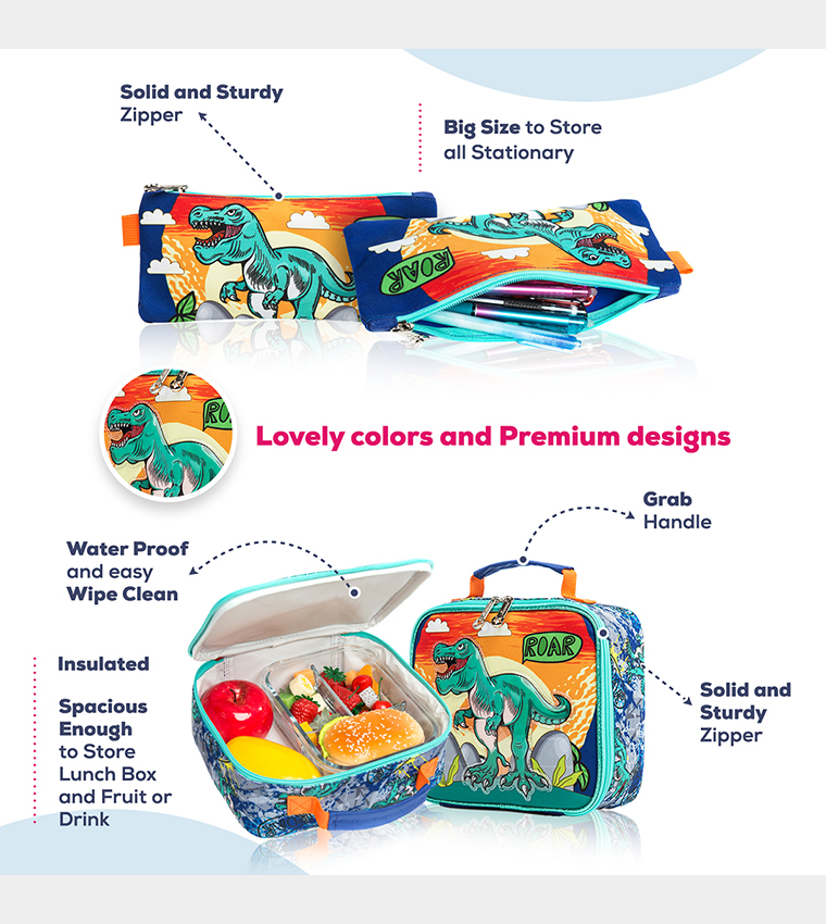 Eazy Kids - 17" Set of 3 Trolley School Bag Lunch Bag , Pencil Case Dinosaur - Orange