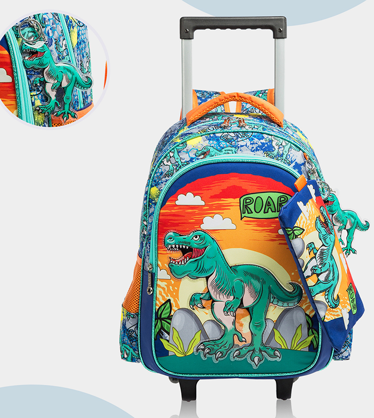 Eazy Kids - 17" Set of 3 Trolley School Bag Lunch Bag , Pencil Case Dinosaur - Orange