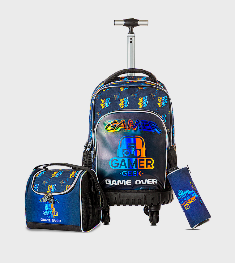 18" 4-Wheel Trolley School Bag Set with Lunch Bag and Pencil Case - Gamer Edition