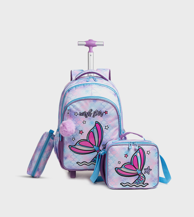 3-Piece Mermaid Themed 18" Trolley School Bag Set