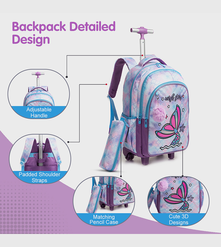 3-Piece Mermaid Themed 18" Trolley School Bag Set