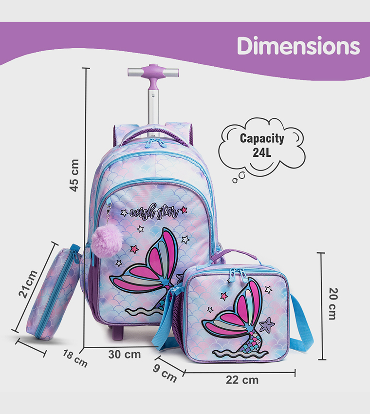 3-Piece Mermaid Themed 18" Trolley School Bag Set