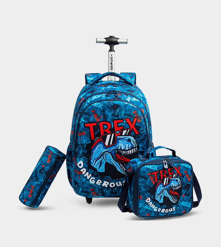 Set of 3 Dinosaur Text Trolley School Bag Lunch Bag and Pencil Case, 18 Inch