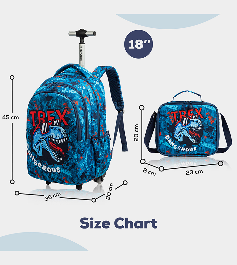 Set of 3 Dinosaur Text Trolley School Bag Lunch Bag and Pencil Case, 18 Inch