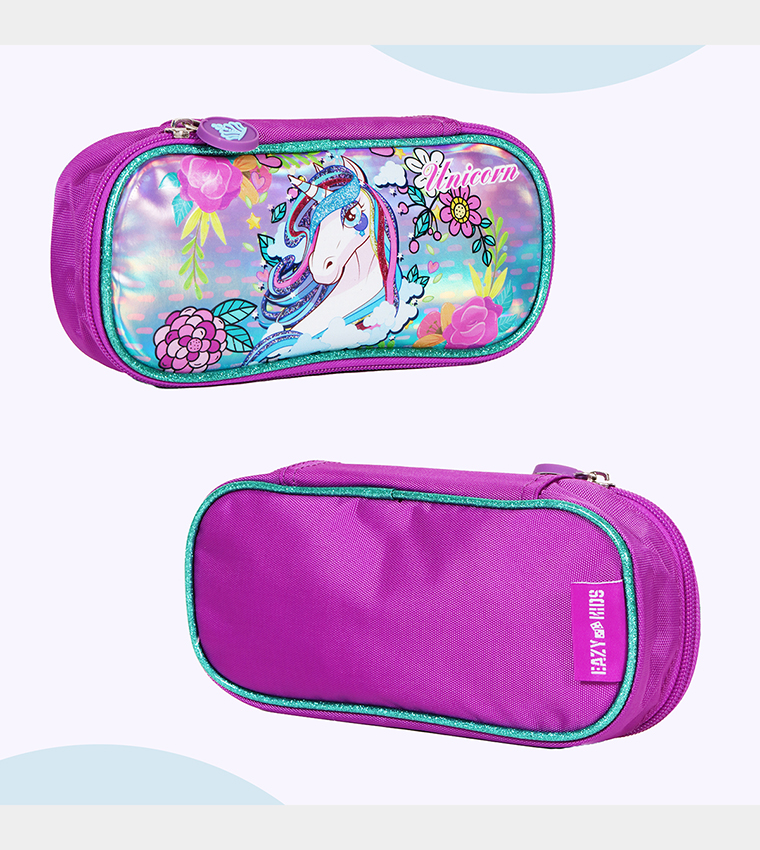 Eazy Kids - Back to School - 18" Set of 4 School Bag Lunch Bag Activity Bag , Pencil Case Unicorn - Pink 