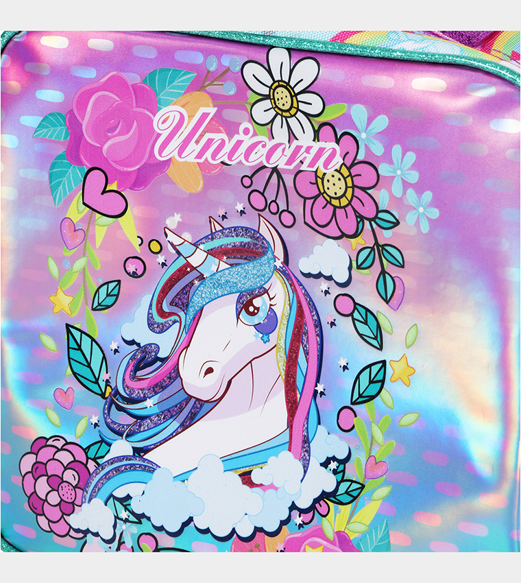 Eazy Kids - Back to School - 18" Set of 4 School Bag Lunch Bag Activity Bag , Pencil Case Unicorn - Pink 