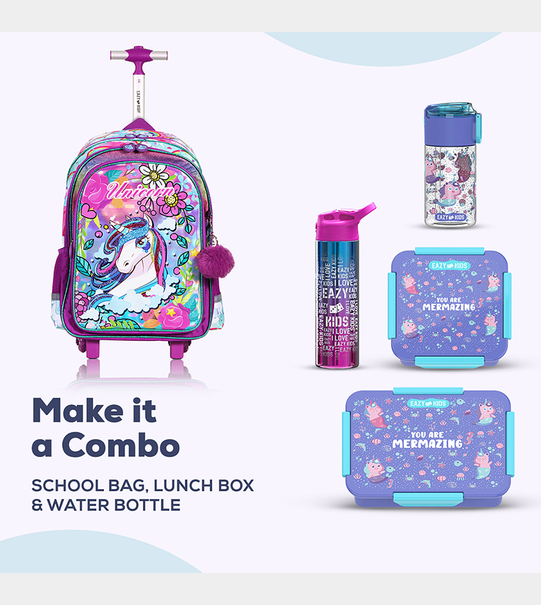 Eazy Kids - Back to School - 18" Set of 4 School Bag Lunch Bag Activity Bag , Pencil Case Unicorn - Pink 