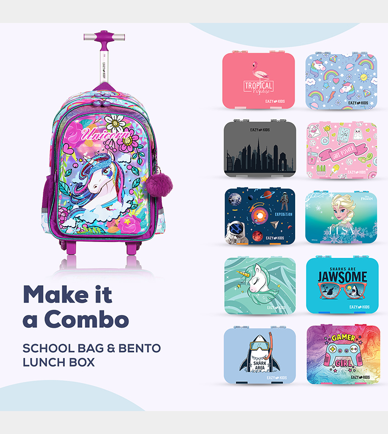 Eazy Kids - Back to School - 18" Set of 4 School Bag Lunch Bag Activity Bag , Pencil Case Unicorn - Pink 