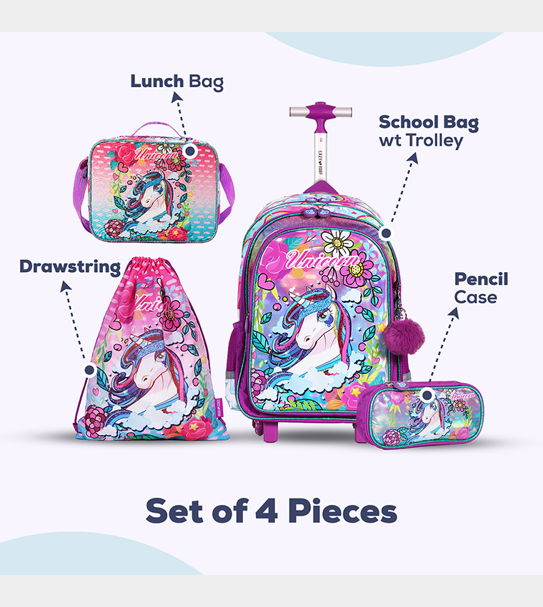 Eazy Kids - Back to School - 18" Set of 4 School Bag Lunch Bag Activity Bag , Pencil Case Unicorn - Pink 