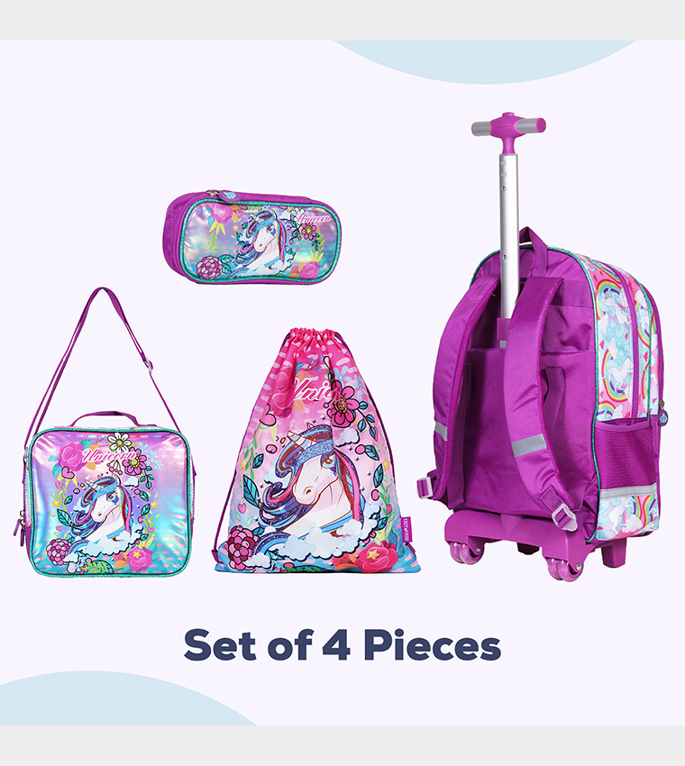Eazy Kids - Back to School - 18" Set of 4 School Bag Lunch Bag Activity Bag , Pencil Case Unicorn - Pink 