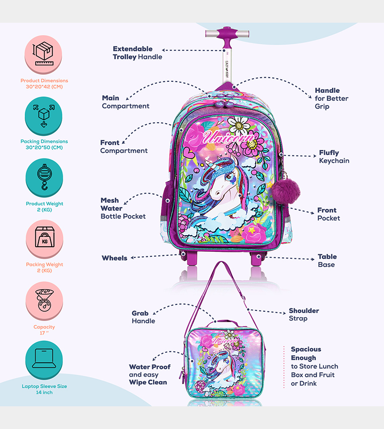 Eazy Kids - Back to School - 18" Set of 4 School Bag Lunch Bag Activity Bag , Pencil Case Unicorn - Pink 