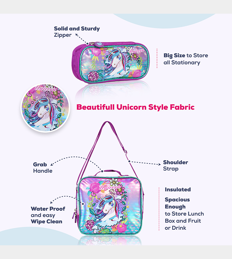 Eazy Kids - Back to School - 18" Set of 4 School Bag Lunch Bag Activity Bag , Pencil Case Unicorn - Pink 