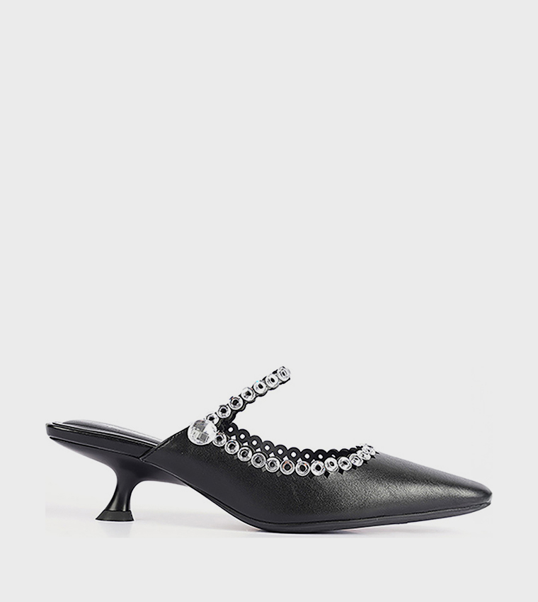 Embellished Kitten Heel Mule Pumps