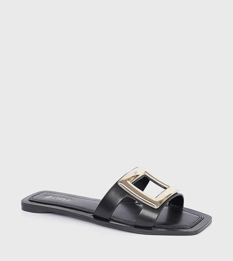 Metal Accent Open Toe Flat Sandals