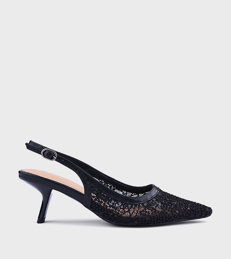Lace Pointed Toe Slingback Pumps