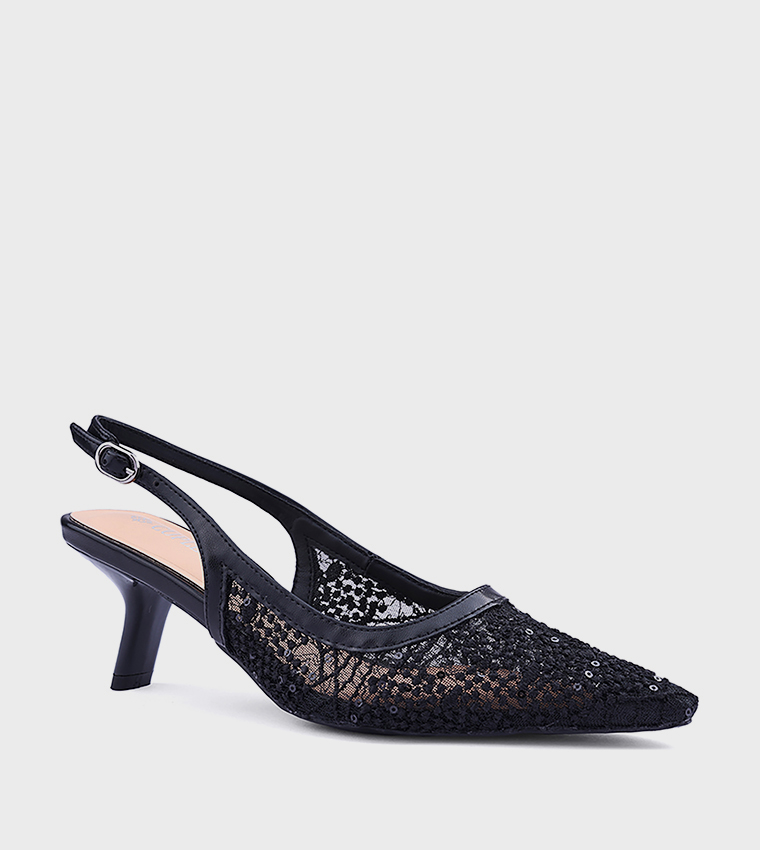 Lace Pointed Toe Slingback Pumps