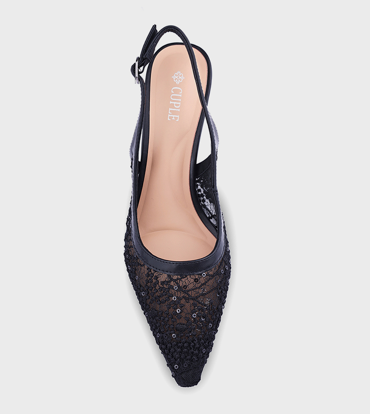 Lace Pointed Toe Slingback Pumps