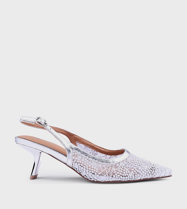 Lace Pointed Toe Slingback Pumps
