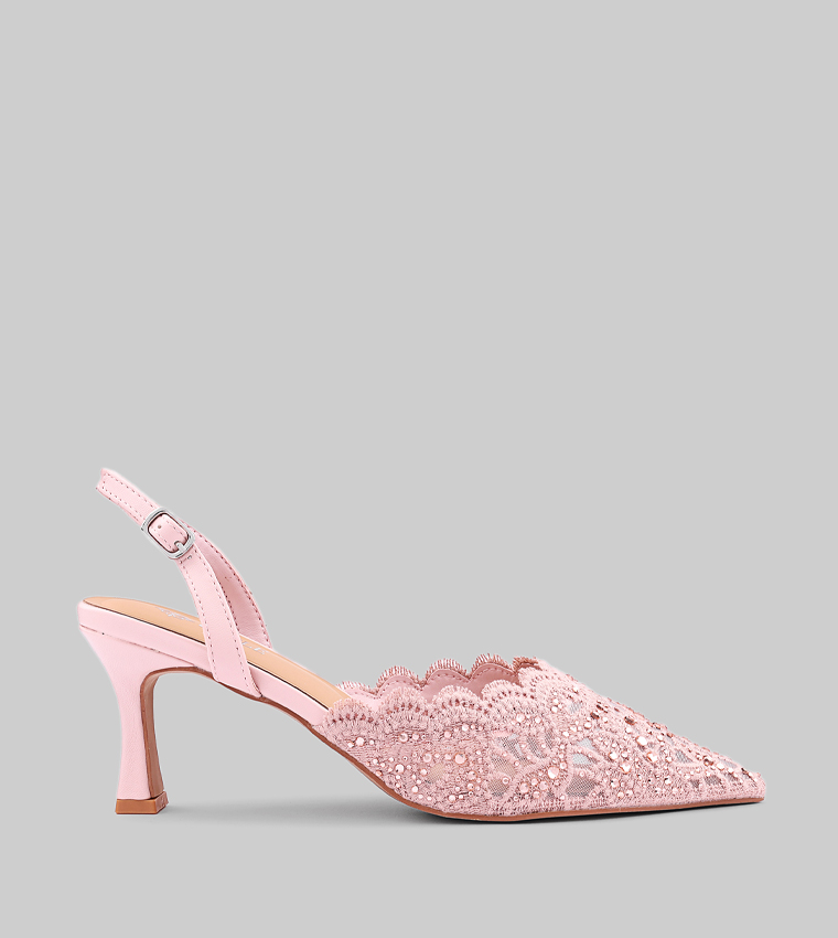 Embellished Pointed Toe Lace Pumps