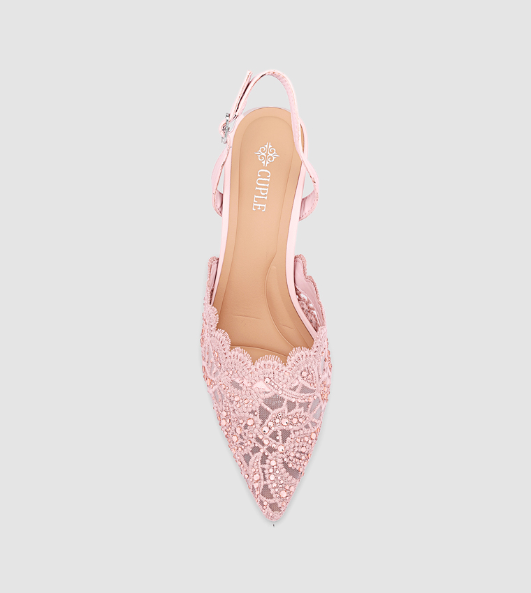 Embellished Pointed Toe Lace Pumps