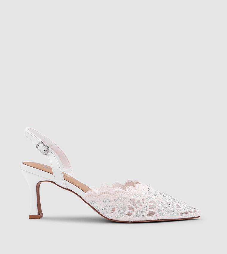 Embellished Pointed Toe Lace Pumps