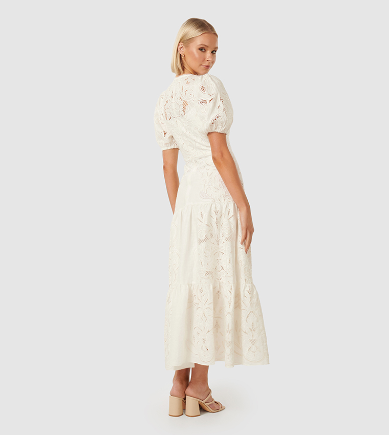 Buy Forever New LOTTIE Broderie Puff Sleeves Tiered Dress In White ...