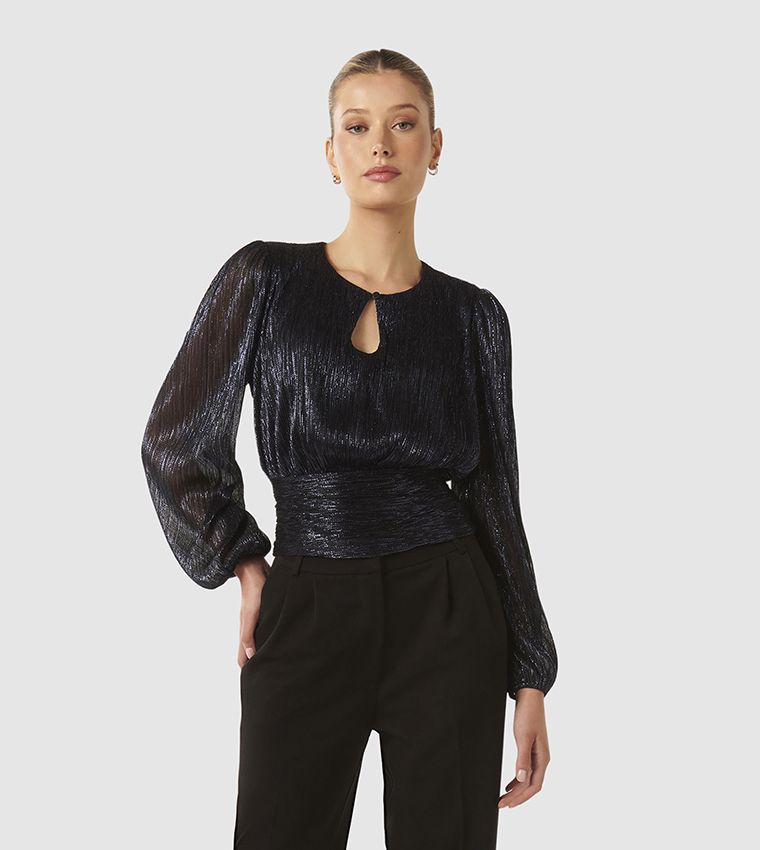 AVA Plisse Kyehole Neck Top
