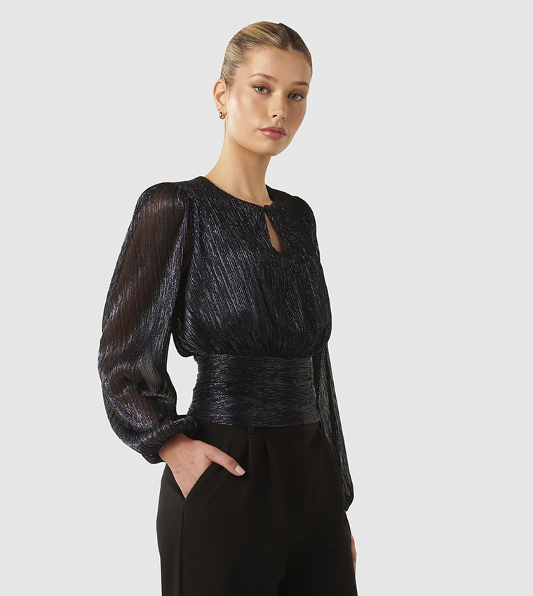 AVA Plisse Kyehole Neck Top