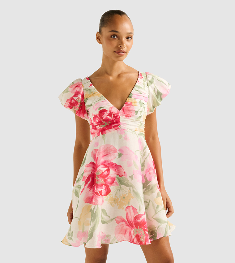 JUNE Printed V-Neck Mini Dress