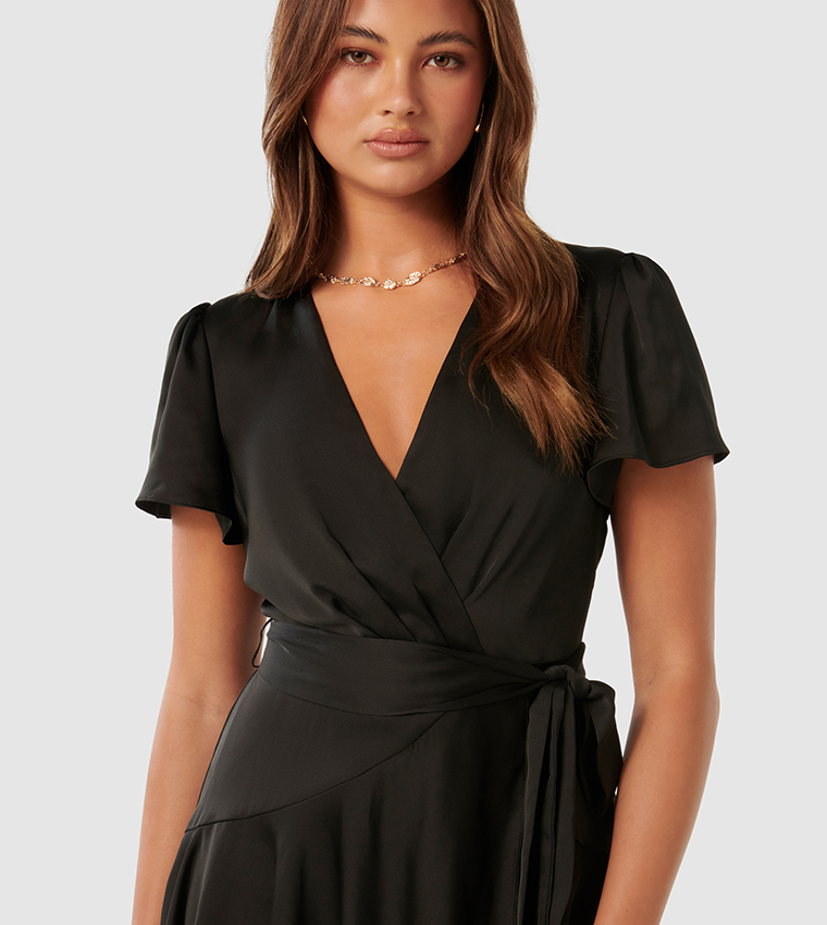 Buy Forever New MADELINE Satin Flutter Sleeves Mini Dress In Black ...