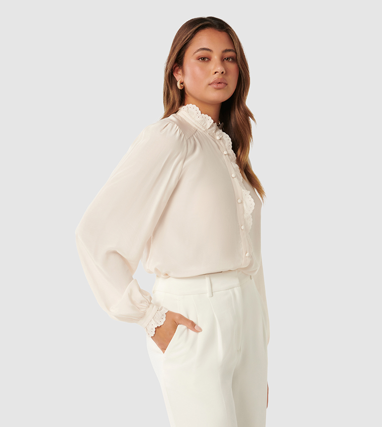 Buy Forever New ELFIE Broderie Trim Long Sleeves Top In Off White