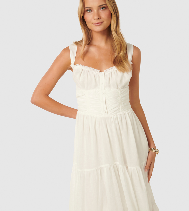 LENA Solid Ruched Tiered Dress