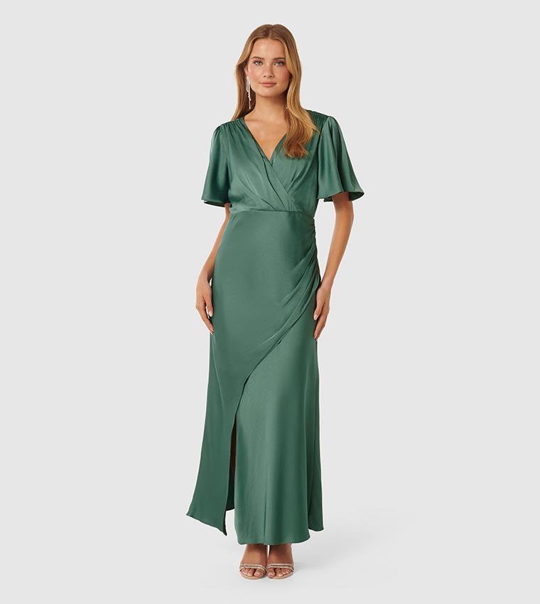CHELSEA Flutter Sleeves Satin Maxi Dress