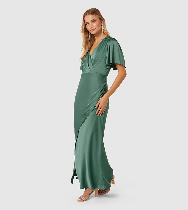 CHELSEA Flutter Sleeves Satin Maxi Dress