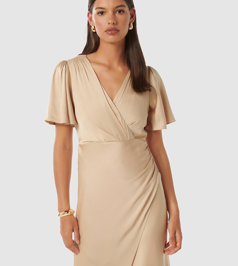 CHELSEA Flutter Sleeves Satin Maxi Dress