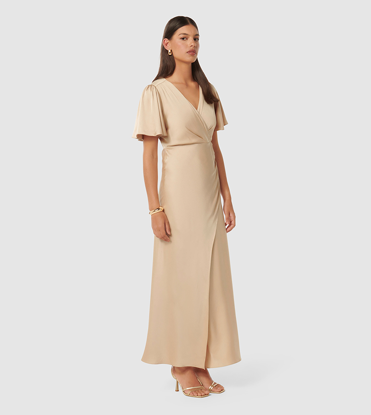 CHELSEA Flutter Sleeves Satin Maxi Dress