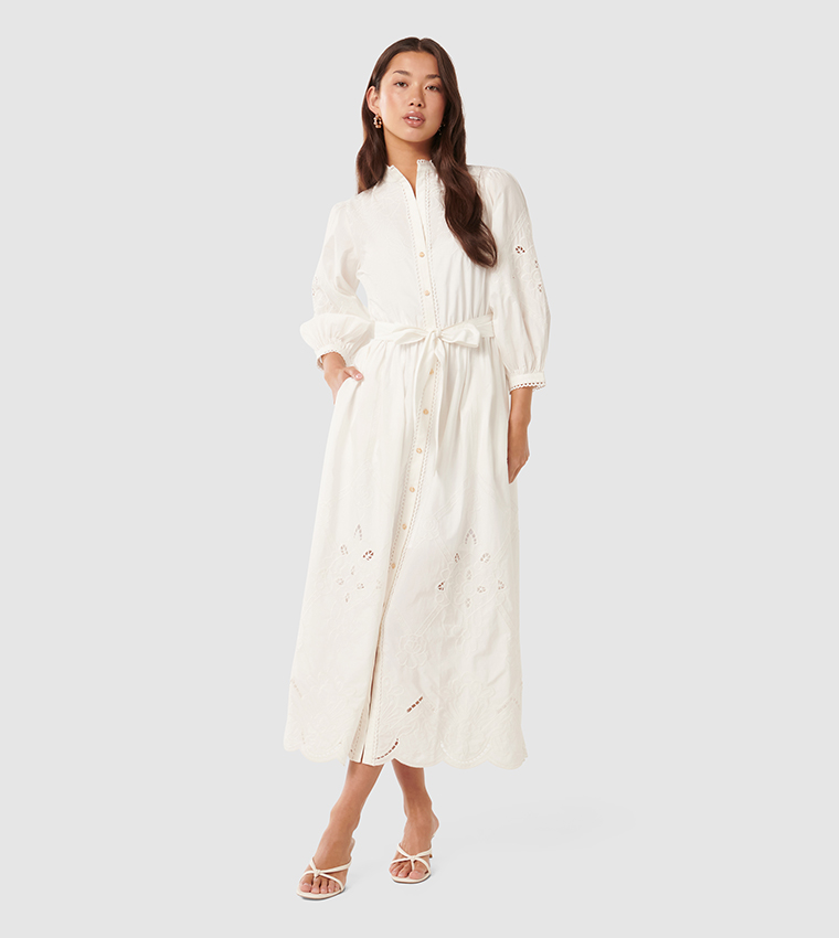 AISHA Embroidered 3/4 Sleeves Midi Dress