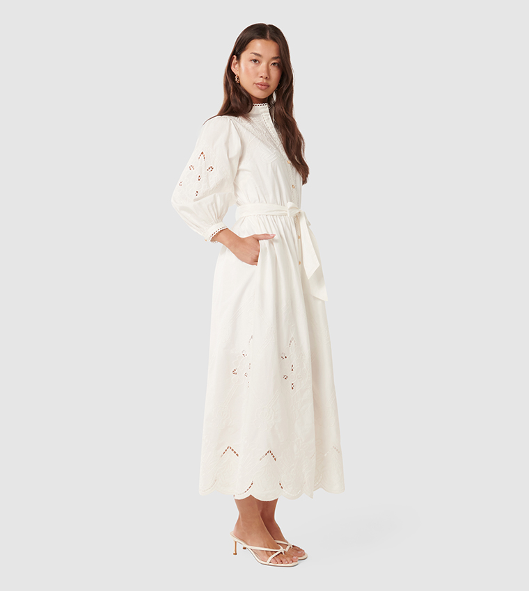 AISHA Embroidered 3/4 Sleeves Midi Dress