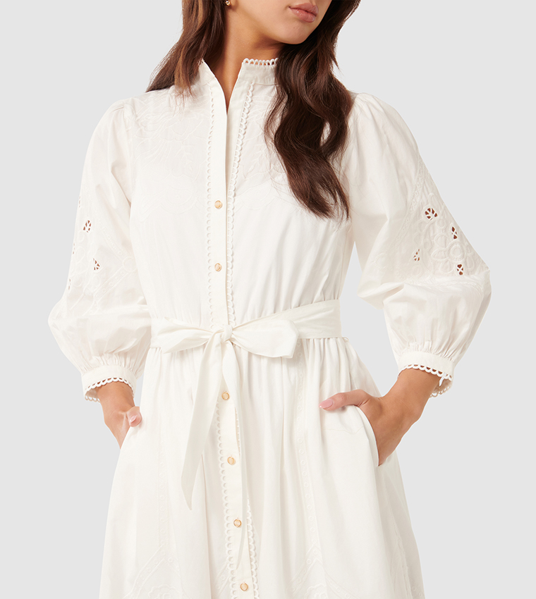AISHA Embroidered 3/4 Sleeves Midi Dress