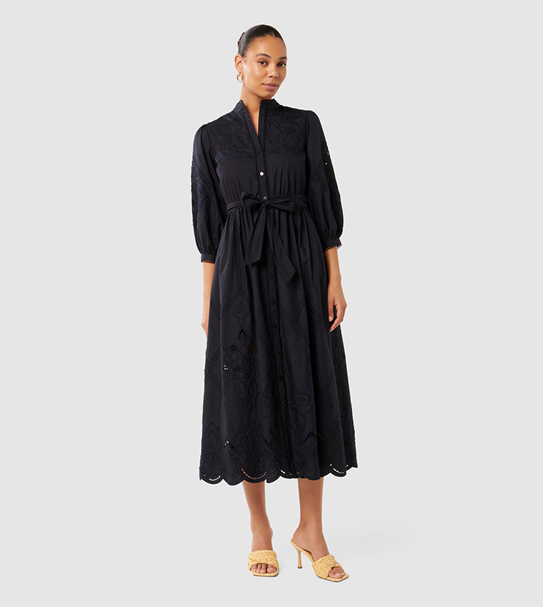 AISHA Embroidered 3/4 Sleeves Midi Dress
