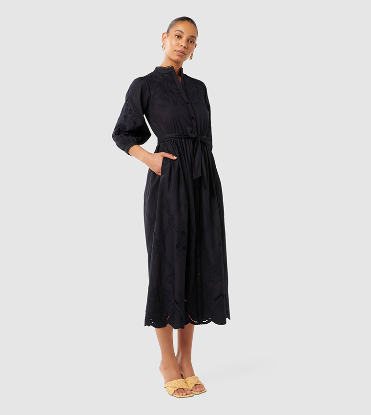 AISHA Embroidered 3/4 Sleeves Midi Dress