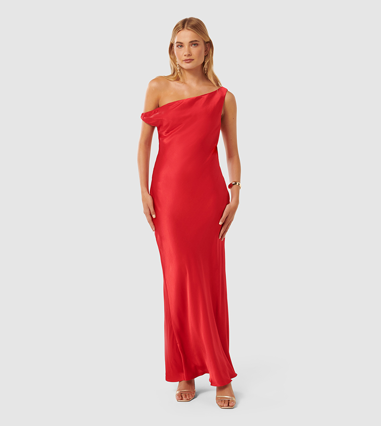 BLAKE Satin Asymmetric Shoulder Maxi Dress
