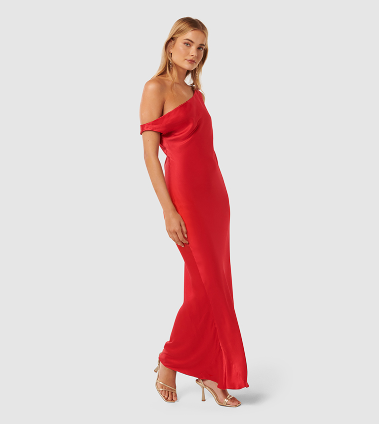 BLAKE Satin Asymmetric Shoulder Maxi Dress